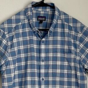 Patagonia Organic Cotton‎ Shirt Men's L Plaid Check Blue White Short Sleeve